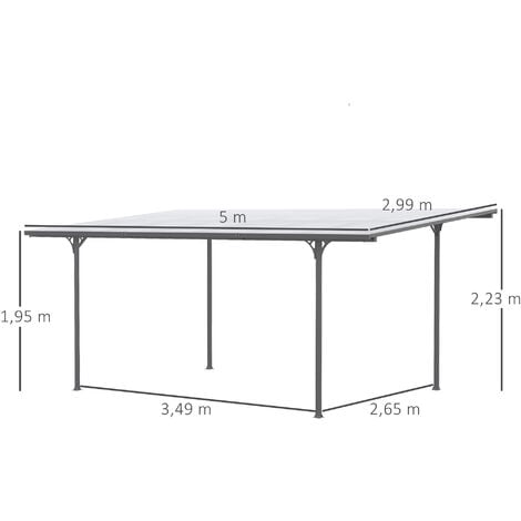 Pergola adossable rigide acier alu. toit polycarbonate dim. 5L x 2,99l x 2,23H m gris