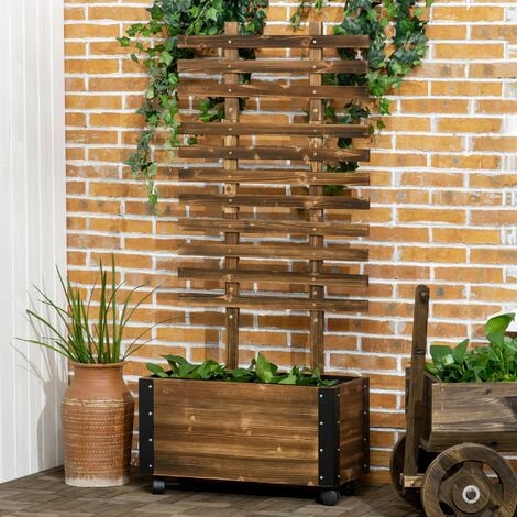 Jardinière avec treillis sur roulettes - inserts d'irrigation, géotextile inclus - métal bois sapin traité carbonisation