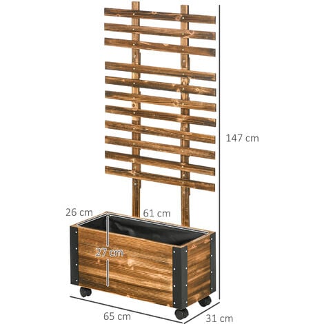 Jardinière avec treillis sur roulettes - inserts d'irrigation, géotextile inclus - métal bois sapin traité carbonisation