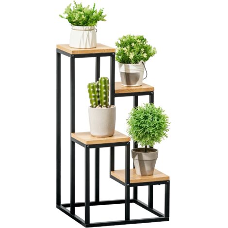 Outsunny – Porte-plantes 4 étagères métal sapin verni 34L x 34l x 66H cm – Charge max. 60 Kg – Dimensions étagères 17L x 19P cm