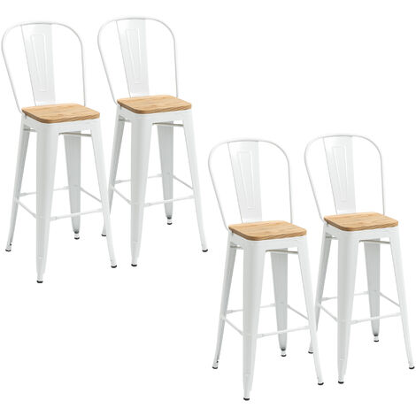 Homcom – Lot de 4 tabourets de bar empilables – Hauteur d'assise 76 cm – Métal blanc – Dossier ergonomique et repose-pied (1/4)