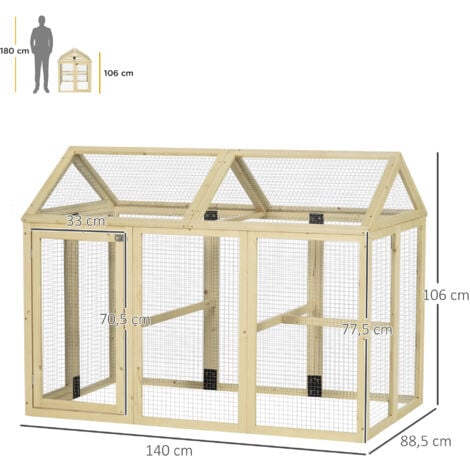 Enclos poulailler chenil 1,23 m² - parc grillagé dim 140L x 88,5l x 106H cm - 2 portes verrouillables - bois sapin