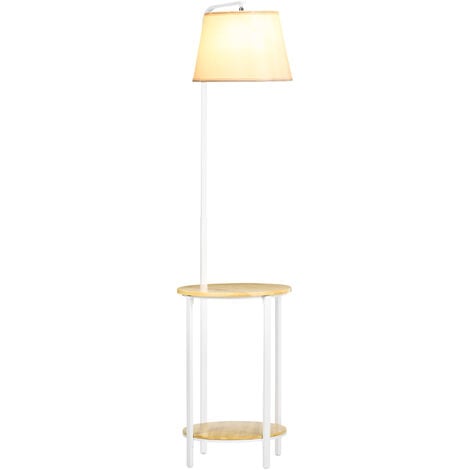 Lampadaire étagères design dim. Ø 37 x 162H cm 40 W max. bois bambou verni métal abat-jour tissu blanc