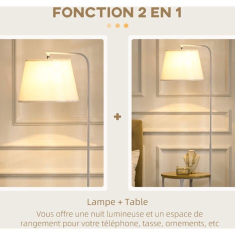Lampadaire étagères design dim. Ø 37 x 162H cm 40 W max. bois bambou verni métal abat-jour tissu blanc