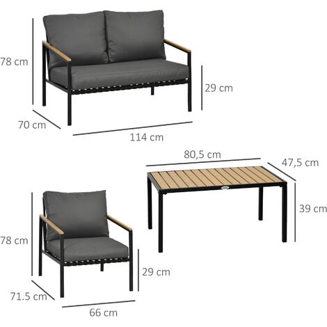 Ensemble salon de jardin design style colonial 4 places 4 pièces accoudoirs plateau aspect bois acier noir polyester gris