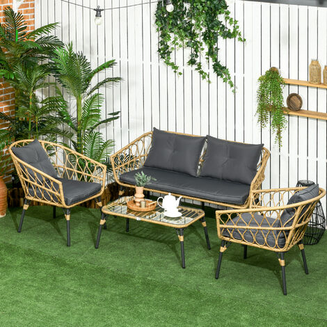 Salon De Jardin Outsunny 4 Places - Canapé D'angle + Table Basse - Résine Tressée - Coussins Inclus - Crème