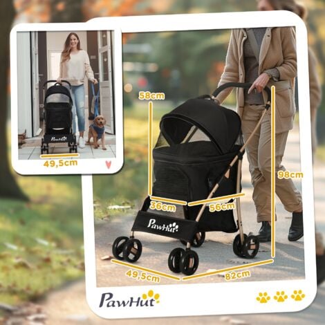 Poussette pliable pour chien chat nacelle amovible 2 en 1 - 4 roues doubles, 2 freins - acier Oxford noir