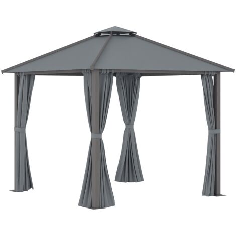 Outsunny – Tonnelle de jardin aluminium 296x296x280cm – Toit double ventilé – 4 rideaux latéraux – 9 m² surface – Gris foncé (1/5)