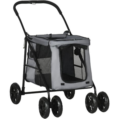 Poussette pliable pour chien chat 4 roues 3 pochettes rangement coussin acier oxford gris