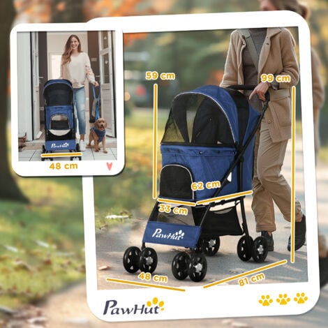 Poussette pliable pour chien chat - 4 roues doubles, 2 freins, attache, coussin inclus - acier Oxford bleu