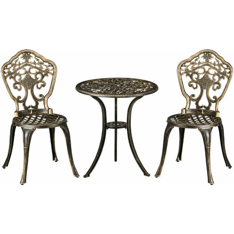 Ensemble bistrot de jardin 2 personnes 3 pièces aluminium aspect fer forgé bronze vieilli
