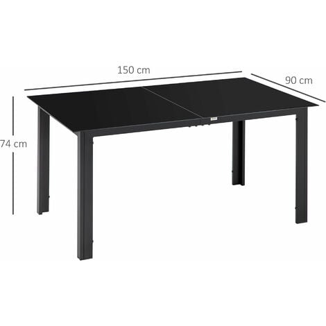 Table de jardin rectangulaire 6 personnes dim. 150L x 90l x 74H cm alu. plateau verre trempé noir