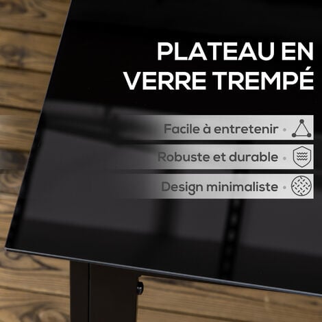 Table de jardin rectangulaire 6 personnes dim. 150L x 90l x 74H cm alu. plateau verre trempé noir
