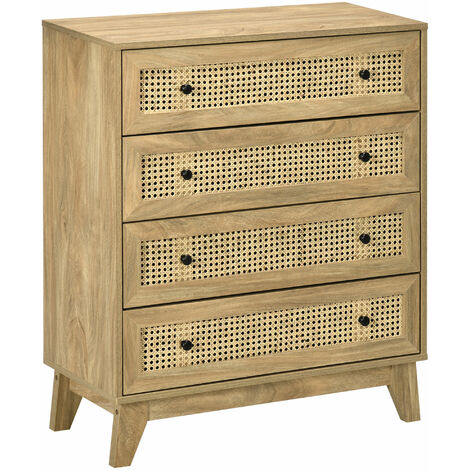 Homcom – Commode 4 tiroirs en rotin et bois de manguier – Dimensions 80L x 35l x 95H cm – Cannage chic pour rangement élégant