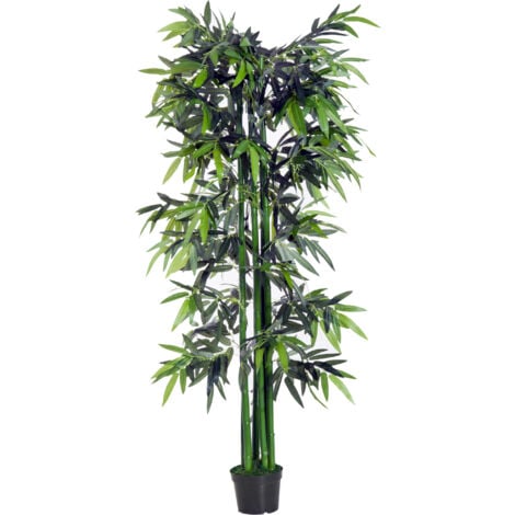 Ligne Déco, Bambou 3 troncs naturels + 480 feuilles artificielles pot noir, 180cm, Plante verte artificielle, Zen Japonais