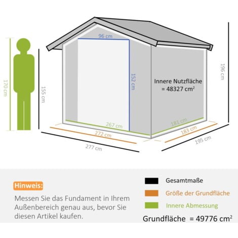 Abri de jardin - remise pour outils - cabanon double porte coulissante - fondation incluse - dim. 277L x 191l x 192H cm - tôle d'acier ondulée grise