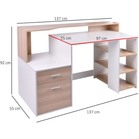 HOMCOM Bureau Informatique multimédia Design Multi-rangements 137 L x 55 l x 92 H cm chêne Blanc