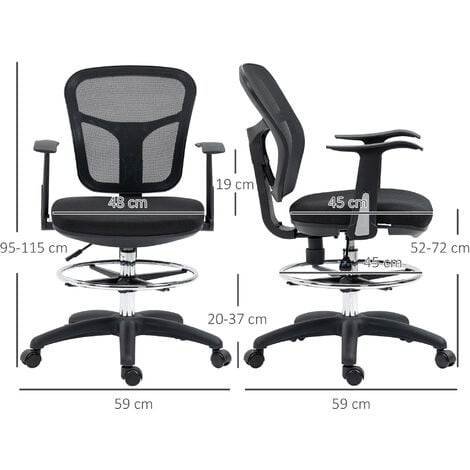 Vinsetto - Fauteuil de bureau chaise de bureau assise haute réglable dim.  59L x 65l x 109-124H cm pivotant 360° maille respirante noir