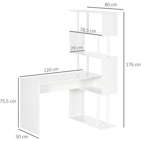 Bureau informatique design contemporain avec bibliothèque zig zag 4 étagères panneaux particules blanc