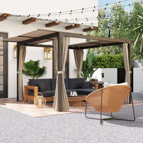 Pergola rétractable dim. 2,95L x 2,95l x 2,20H m double toit coulissant 4 rideaux alu. acier noir polyester beige