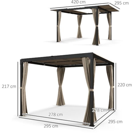 Pergola rétractable dim. 2,95L x 2,95l x 2,20H m double toit coulissant 4 rideaux alu. acier noir polyester beige