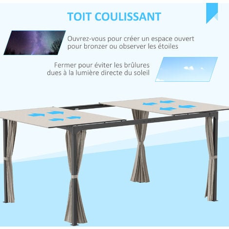Pergola rétractable dim. 2,95L x 2,95l x 2,20H m double toit coulissant 4 rideaux alu. acier noir polyester beige