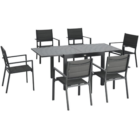 Outsunny – Ensemble table et chaises de jardin 6 personnes – Table extensible 90/180L cm – Aluminium et textilène gris – Chaises empilables
