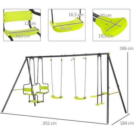 Balançoire 4 agrès portique avec 2 balançoires et 2 face à face dim. 3,55L x 1,84l x 1,86H m acier époxy gris PE vert