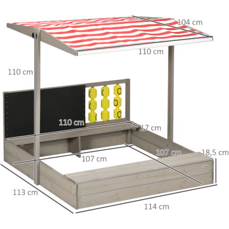 Bac à sable bois carré dim. 1,18L x 1,13l x 1,10H m - hauteur, inclinaison toit réglable, refermable - tableau, jeu - bois sapin gris