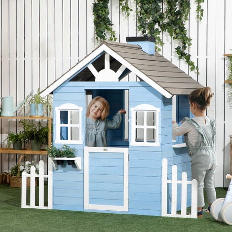 Maison de jeux enfant - jeu plein air maisonnette enfant - dim. 151L x 112l x 142H cm - bois sapin bleu blanc gris