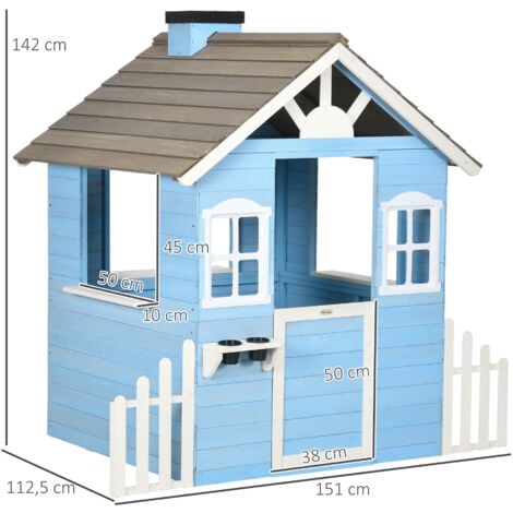 Maison de jeux enfant - jeu plein air maisonnette enfant - dim. 151L x 112l x 142H cm - bois sapin bleu blanc gris