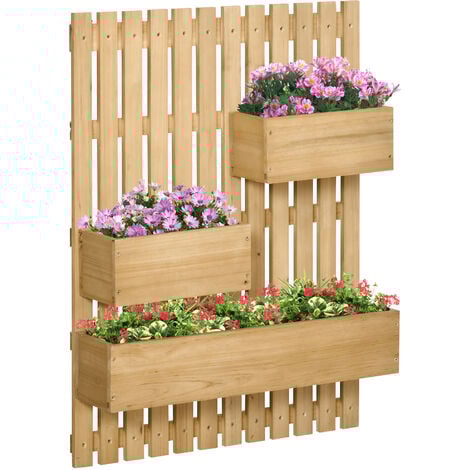 Jardinière murale avec treillis - lot de 3 jardinières murales - dim. 60L x 16l x 80H cm - bois sapin pré-huilé
