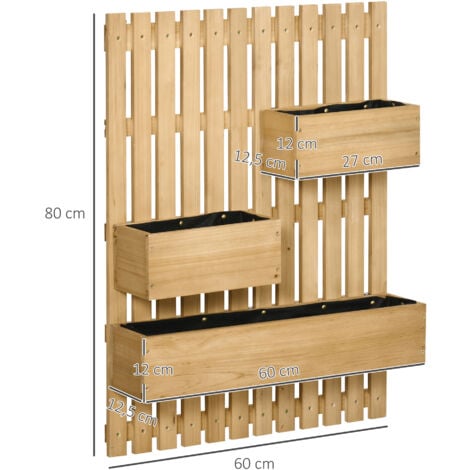 Jardinière murale avec treillis - lot de 3 jardinières murales - dim. 60L x 16l x 80H cm - bois sapin pré-huilé