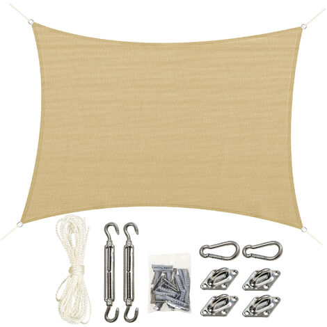 Voile d'ombrage rectangulaire grande taille 4 x 3 m polyéthylène haute densité HDPE résistant aux UV beige