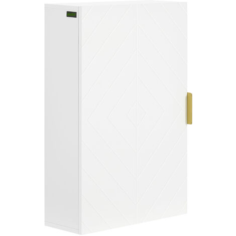 Kleankin – Armoire murale de salle de bain 40L x 15l x 60H cm – 2 étagères réglables – MDF blanc avec poignée métal doré – Installation murale incluse