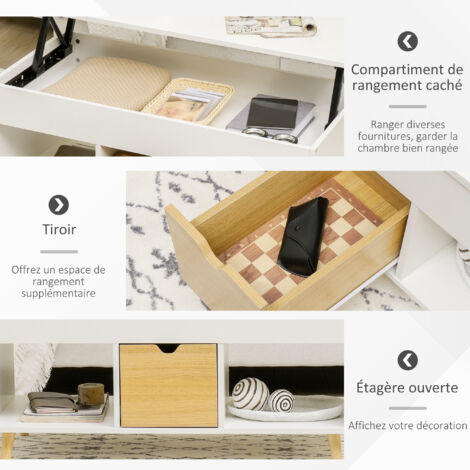 Table Basse Relevable HOMCOM - Avec Compartiment Secret Et 2 Tiroirs - Blanc - 100x50cm - Idéale Salon Ou Bureau - 13
