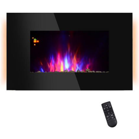 Homcom – Cheminée électrique murale LED 7 effets flammes – 7 couleurs ambiance – Télécommande – Puissance 1000-2000 W – Minuterie – Noir