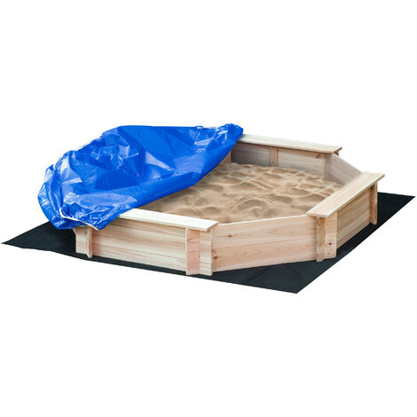 Outsunny – Bac à sable en bois octogonal 139,5 x 139,5 x 21,5 cm – 4 bancs – Bâche de couverture – Non tissé de sol inclus – Sapin pré-huilé