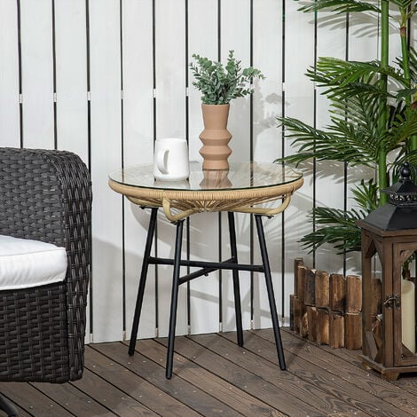 Table basse ronde de jardin en résine aspect rotin métal et plateau verre trempé Ø 50 x 50H cm beige