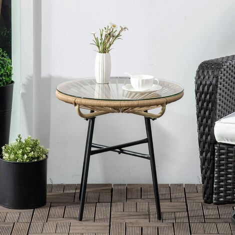 Table basse ronde de jardin en résine aspect rotin métal et plateau verre trempé Ø 50 x 50H cm beige