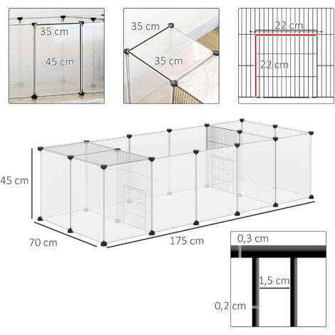 Enclos parc modulable petits animaux - 20 panneaux - dim. 175L x 70l x 45H cm - acier noir PP blanc