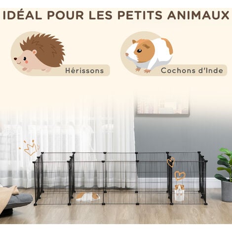 Parc enclos modulable petits animaux lapins rongeurs chiots - 18 panneaux en fil d'acier - 2 portes - 175L x 70l x 45H cm - noir