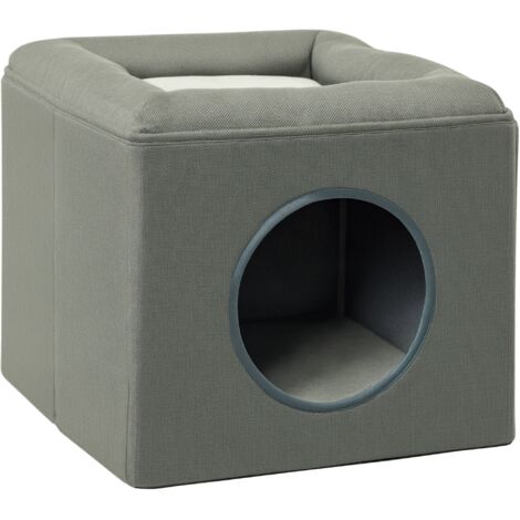 Panier chat pouf 2 en 1 - coussin amovible lavable - MDF PVC tissu aspect lin vert de gris