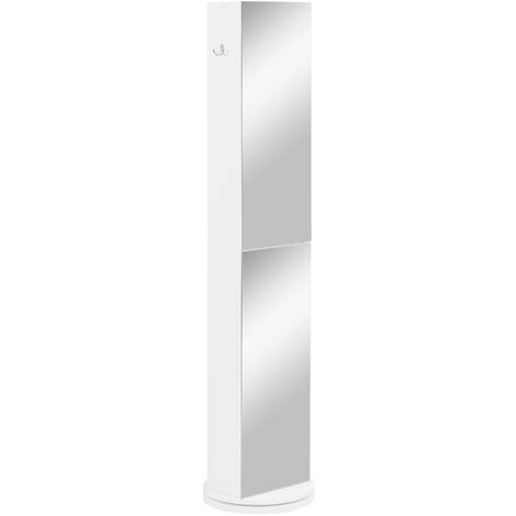 Kleankin – Colonne de salle de bain pivotante avec miroir – 6 étagères – 36L x 36l x 171H cm – Panneaux de particules et acier inoxydable – Blanc