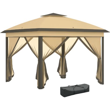 Outsunny – Tonnelle pop-up automatique 3,3 x 3,3 m – Toit double avec 4 moustiquaires – Sac de transport inclus – Métal et tissu Oxford beige