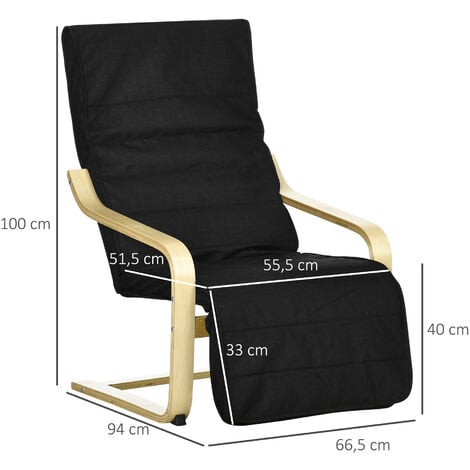 Fauteuil style nordique - repose-pied réglable - déhoussable - bois de bouleau tissu noir