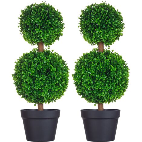 Homcom – Lot de 2 arbres buis artificiels double boules – Hauteur 60 cm – Pots inclus Ø 17 cm – Plantes en PE pour décoration intérieure et extérieure