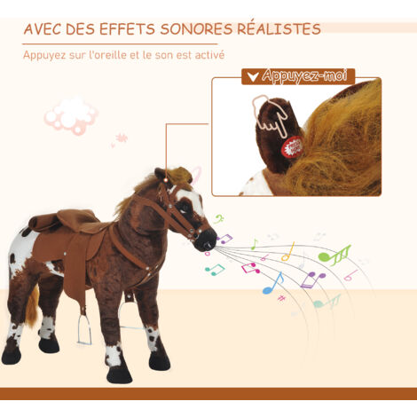 HOMCOM Cheval de Cowboy Cheval Debout Effets Sonores 32 Pistes Selle Etrier  Rênes Courte Peluche 85 x 28 x 60 cm Marron 