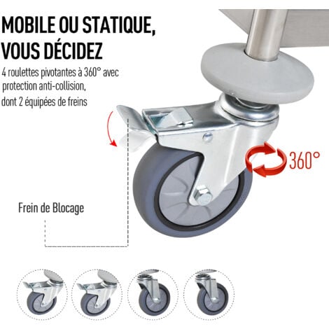 HOMCOM Chariot de service desserte de cuisine à roulettes 2 étagères 71L x 41l x 81H cm acier inox. chromé