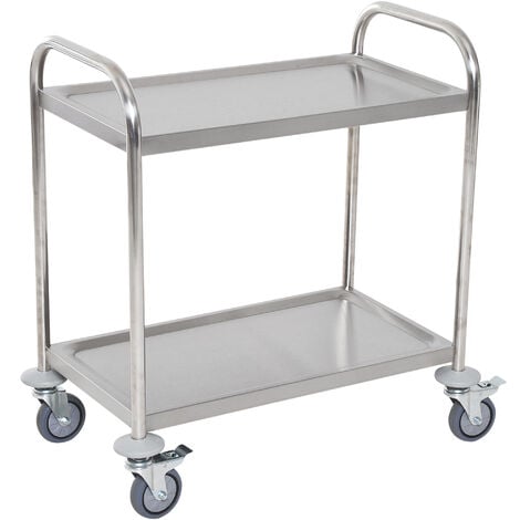 HOMCOM Chariot de service desserte de cuisine à roulettes 2 étagères 71L x 41l x 81H cm acier inox. chromé